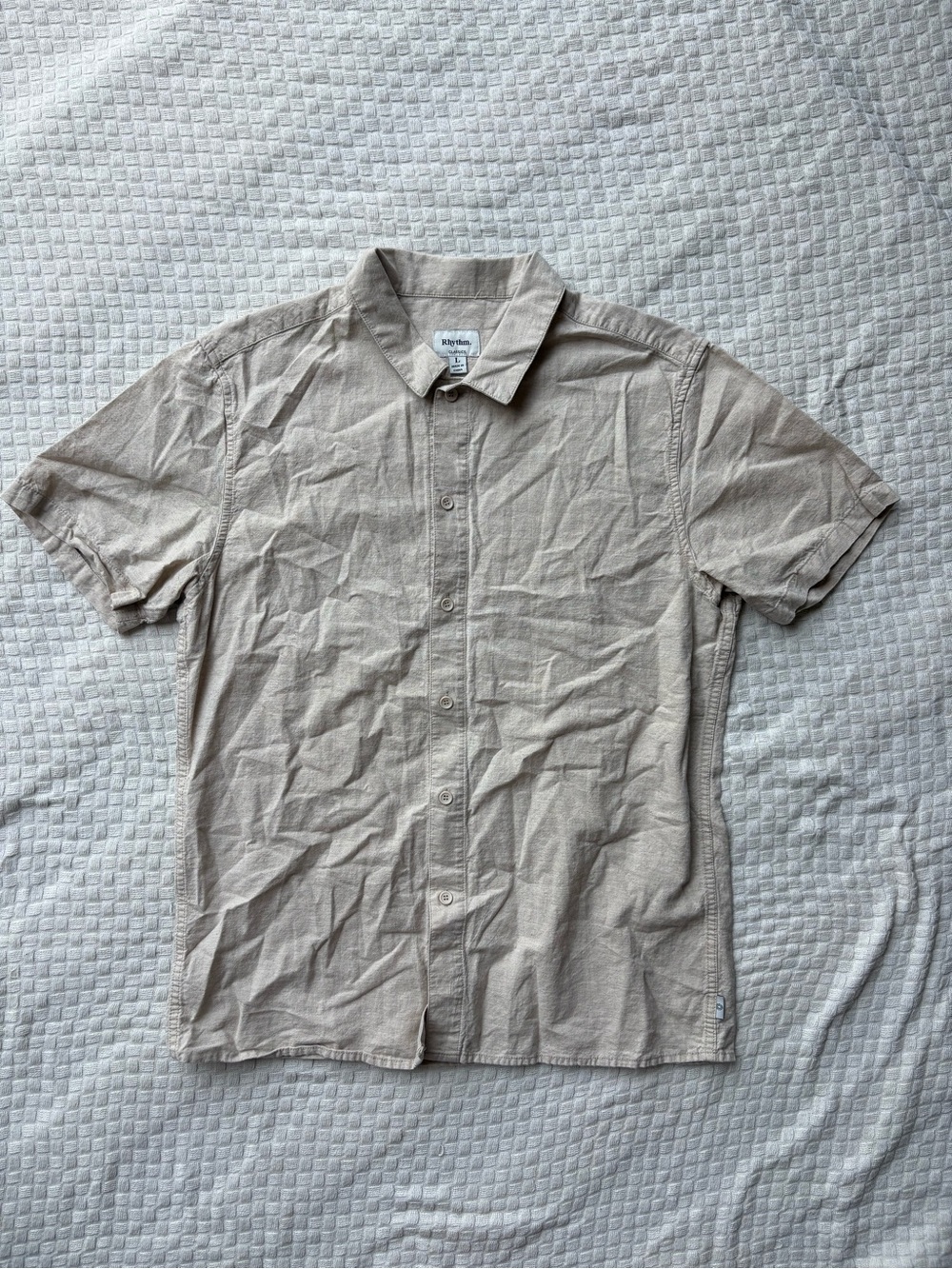 Rhythm from Huckberry Short Sleeve Button-Down Linen Shirt in Light Beige